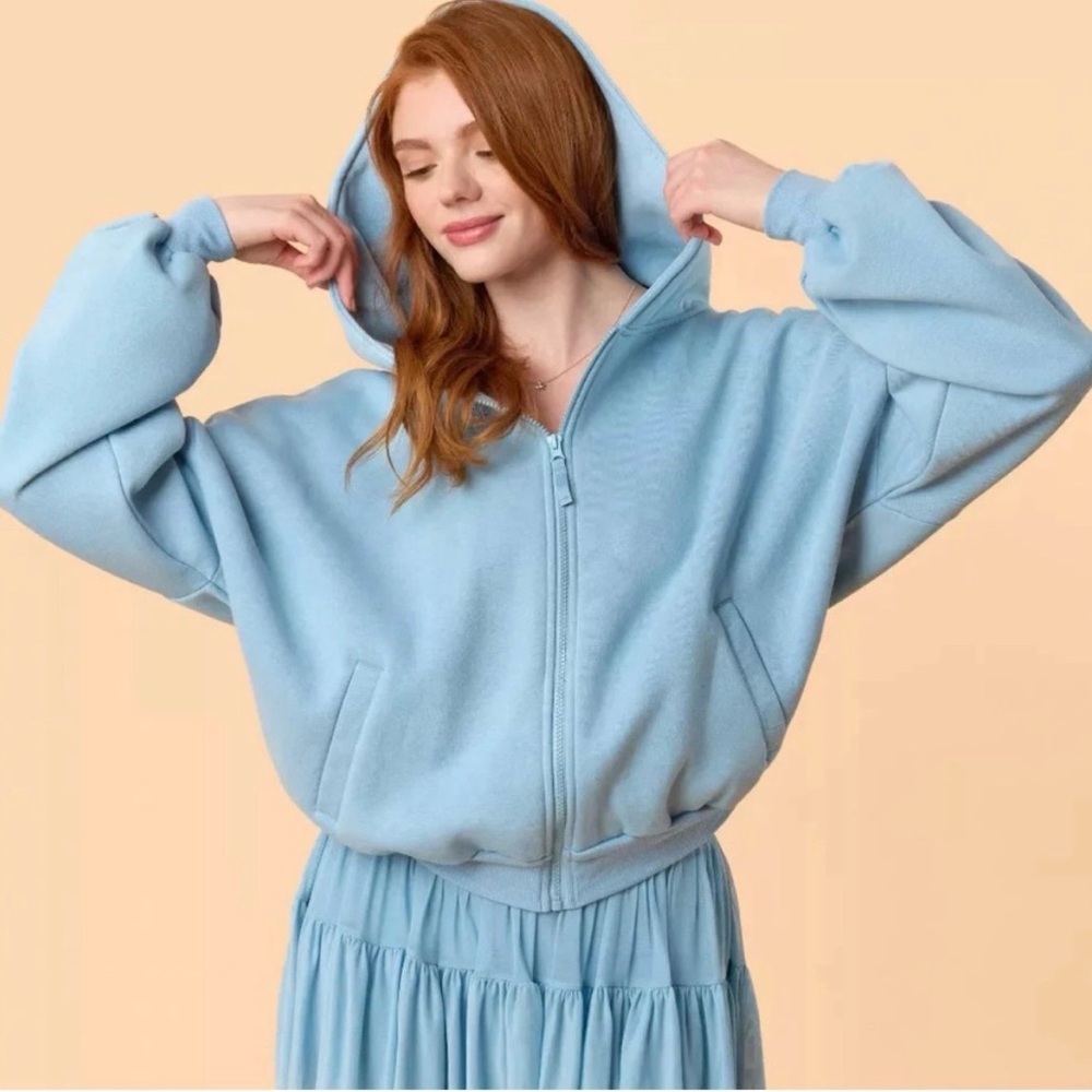 NWT! Blogilates Women's Marshmallow Full Zip Hooded Sweatshirt - Light Blue 1X